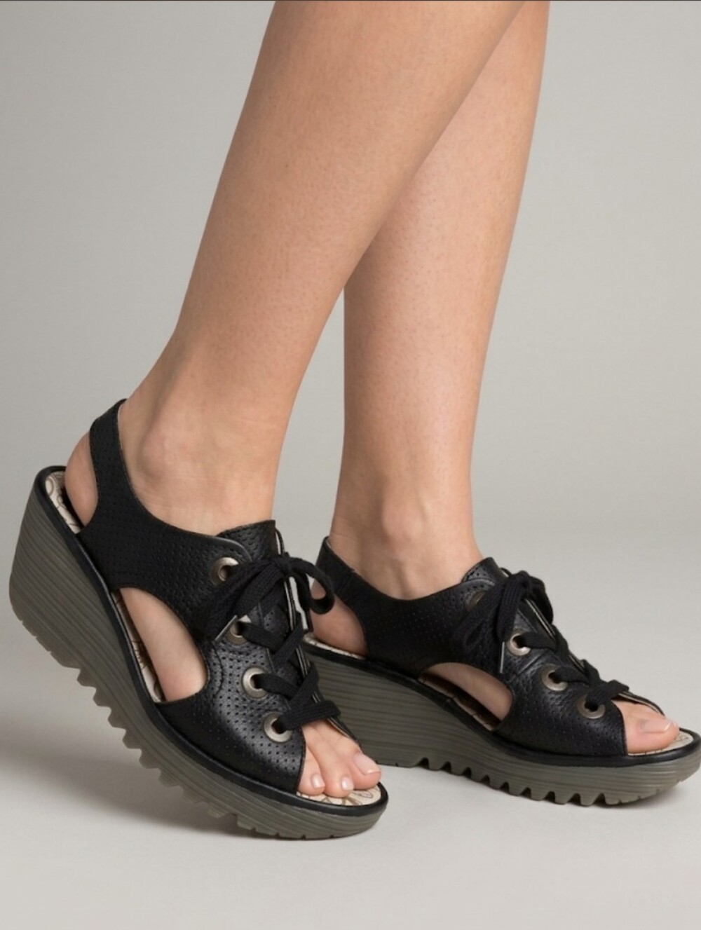Fly London Black Leather Lace-up Open Toe Wedge Sandals Women's Size 39 EU 8.5US